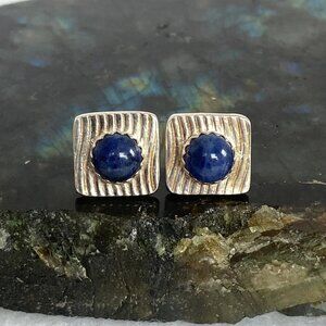Designer Sterling Silver 925 Round Sodalite Cabochon Square Stud Earrings